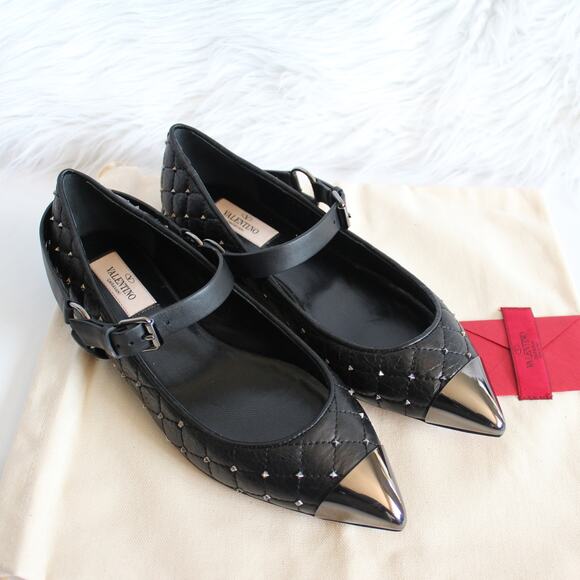 Valentino Black Quilted Leather Rockstud Cap Toe Point Mary Jane Ballet Flats - Picture 5 of 14